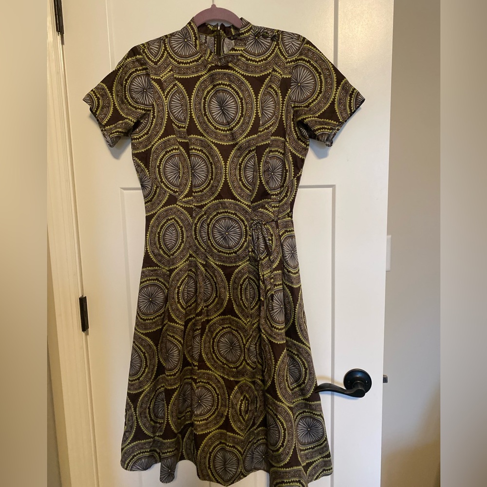 Brooks Brothers Women's Brown & Yellow Printed Short-Sleeve A-Line‎ Dress SZ 8